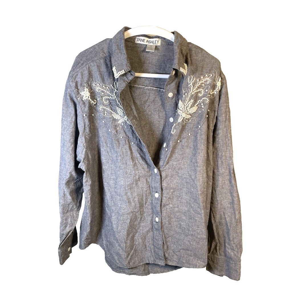 VTG Jane‎ Ashley Shirt 2X Beaded Embroidered Women's Long Sleeve Button Up Top